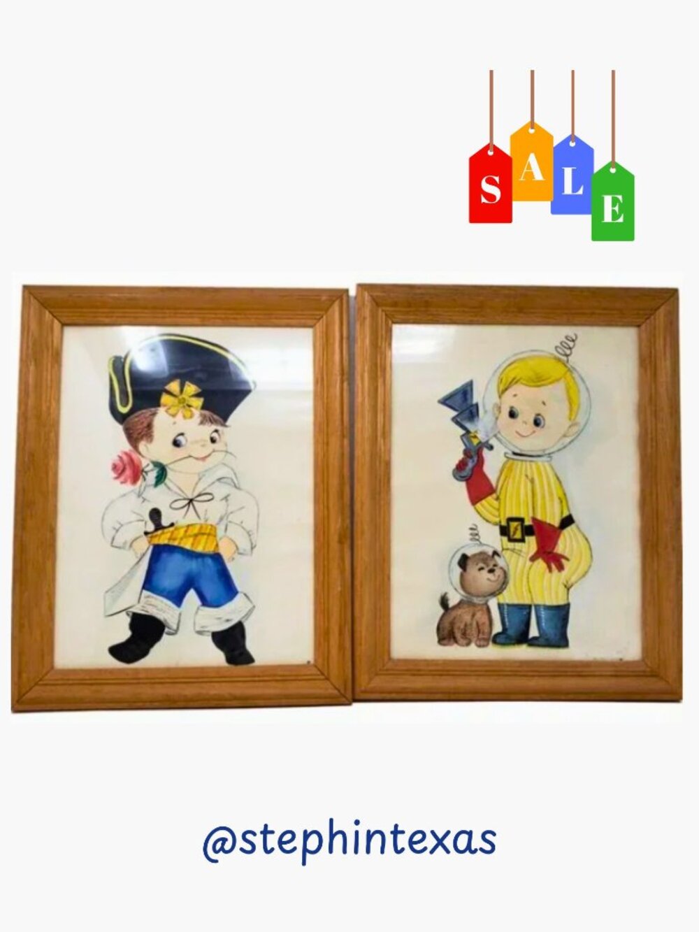 Vintage Child Art Paintings Pirate Astronaut Set Framed Watercolor Signed